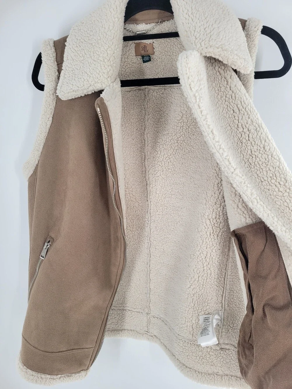Ralph Lauren Taupe Outer with Cream Faux-Shearling Lining Vest Size S